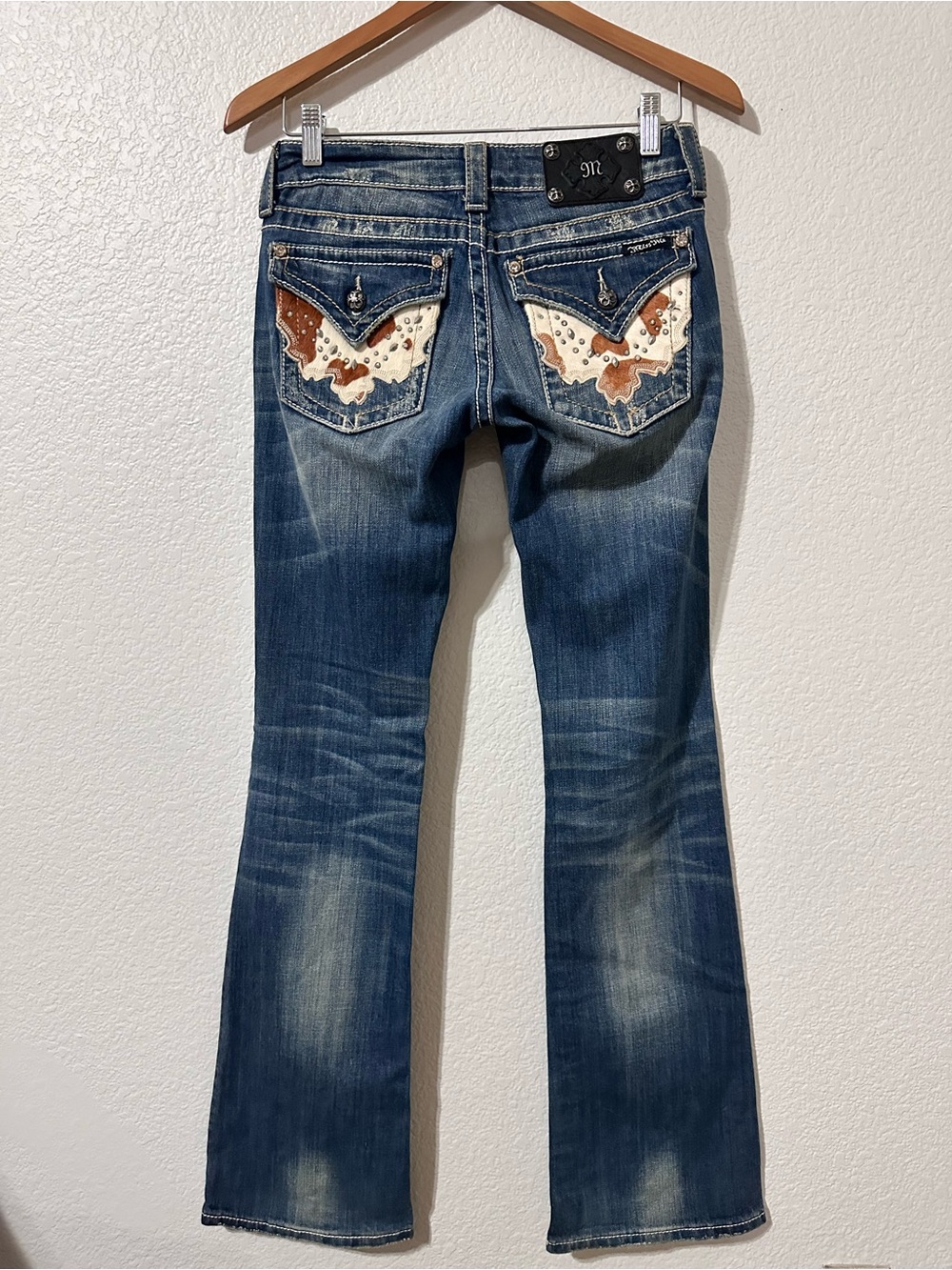 Miss Me Dark Blue Flare Jeans Cowhide Pocket Accents